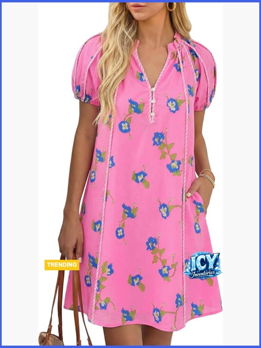 Polyester Elastane Puff Sleeve Mini Dress Floral Print V Neck Loose Fit